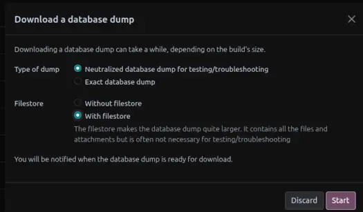 The Odoo.sh dump download dialog, with the option to neutralize the database enabled by default
