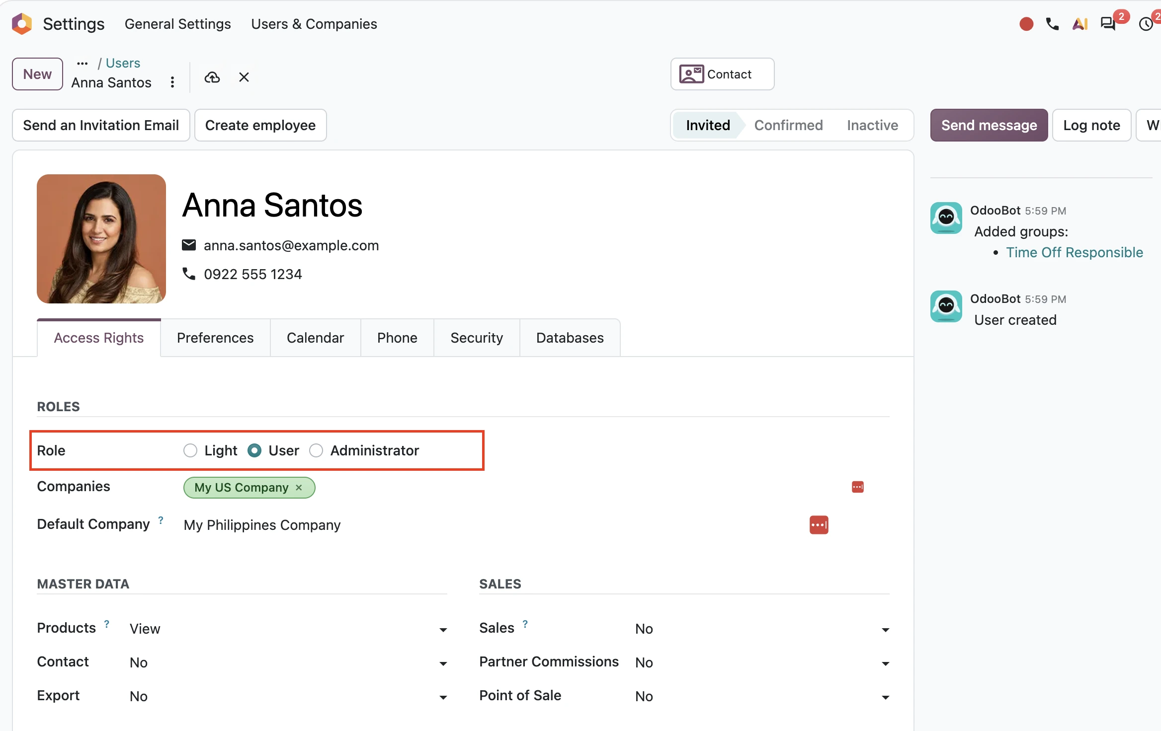 Odoo 20 user Access Rights screen with the Role options Light, User and Administrator
