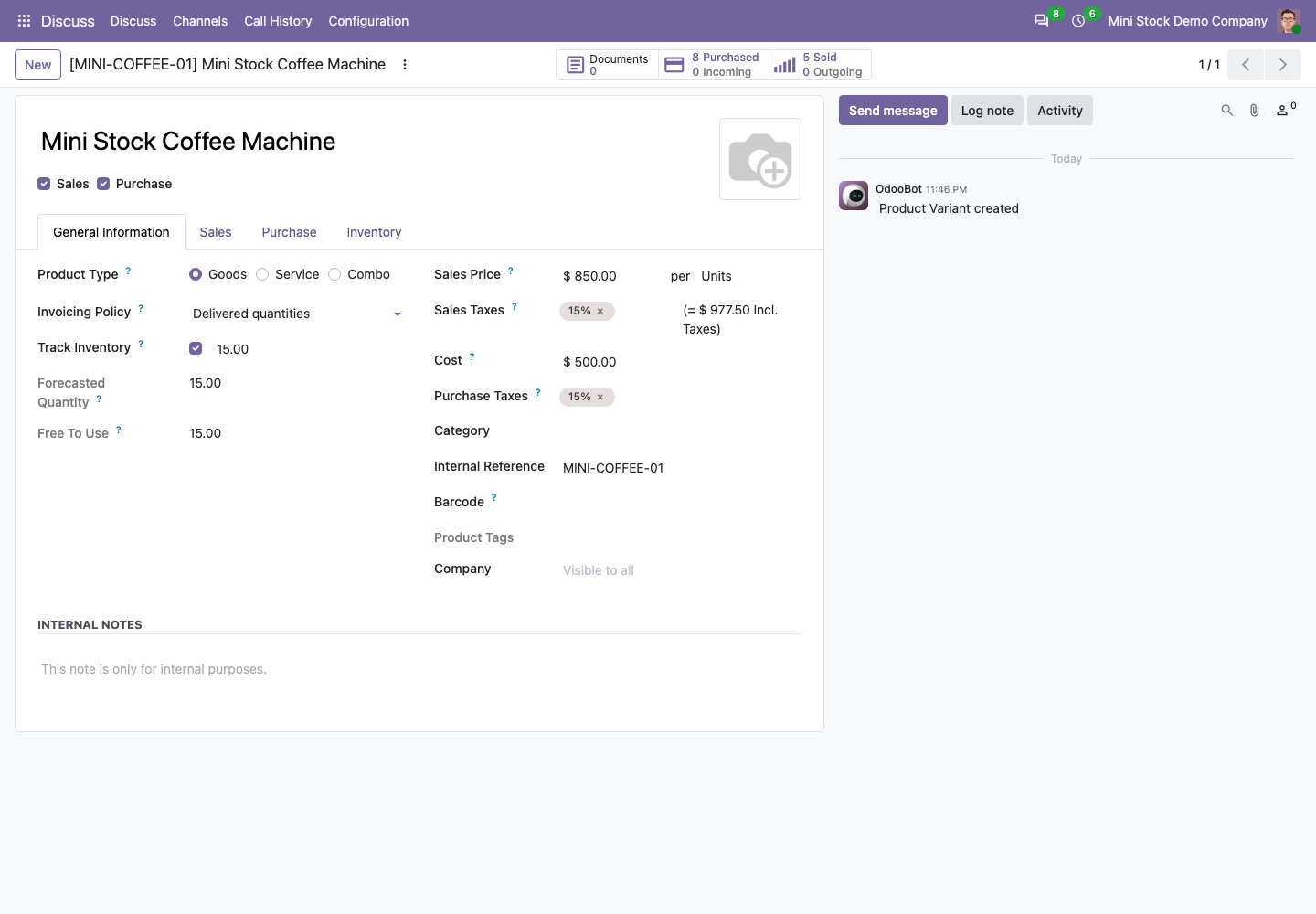 Odoo 20 Community product after posting the vendor bill and customer invoice, showing 15 on hand with no incoming or outgoing quantity