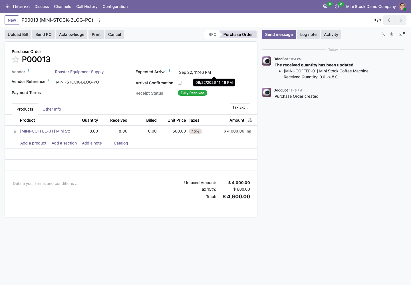 Odoo 20 Community Purchase Order marked fully received with 8 received and nothing billed