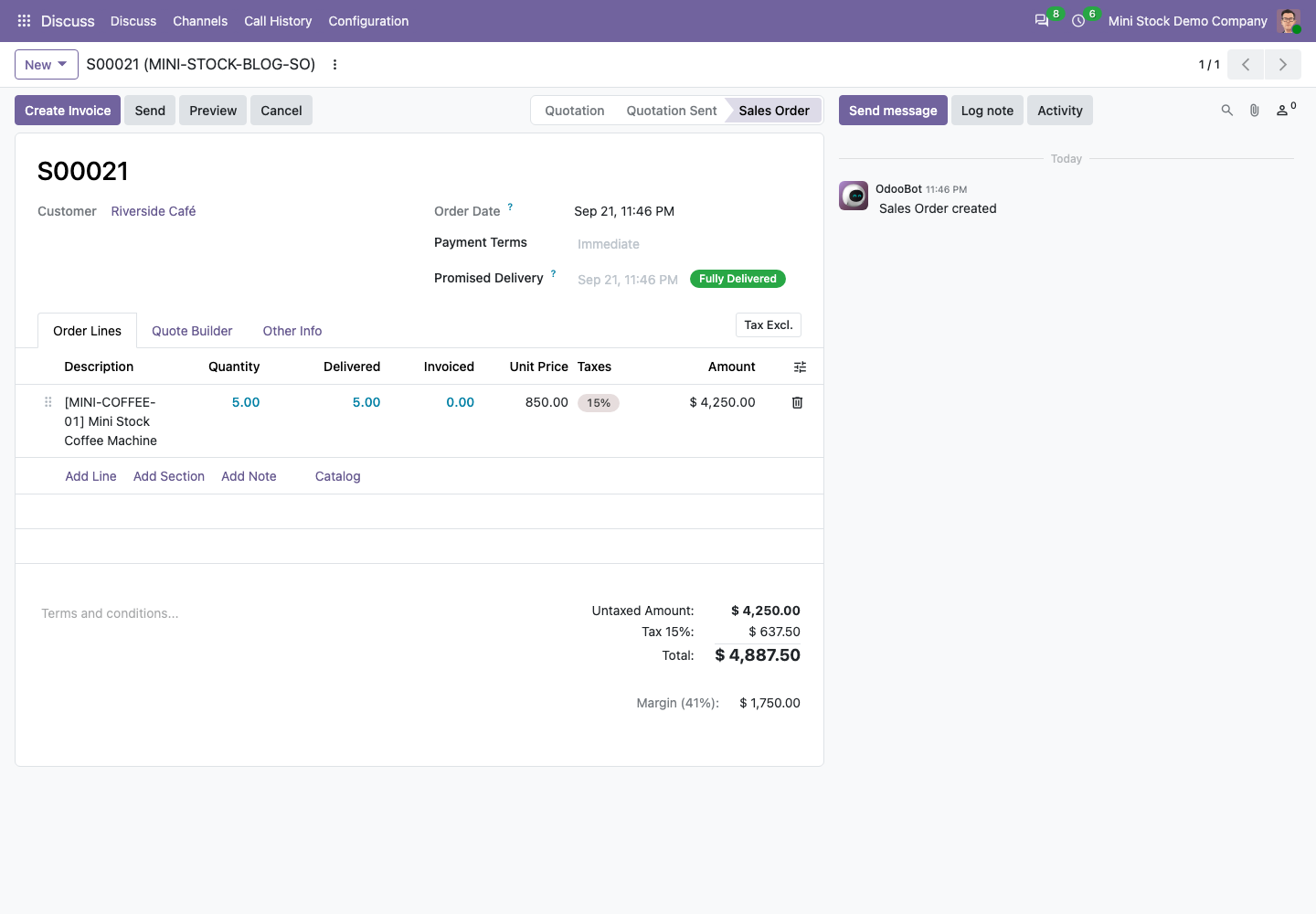 Odoo 20 Community Sales Order marked fully delivered with 5 delivered and nothing invoiced