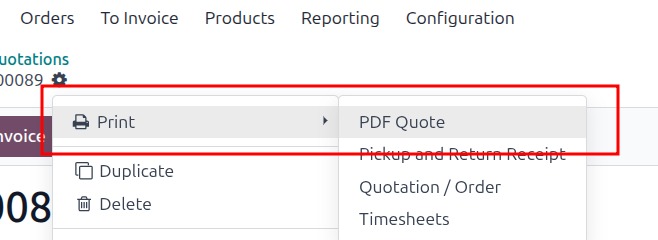 The Print menu open on an Odoo quotation, with PDF Quote highlighted
