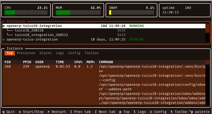 odoo-activity main screen: host CPU, memory, swap and load in the header, Odoo instances with nested databases in the second pane, and a tabbed detail view in the third