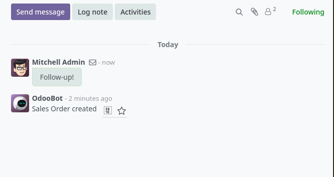 Odoo Chatter panel with the Send message, Log note and Activities buttons above a Follow-up! note from Mitchell Admin and an OdooBot entry logging Sales Order created