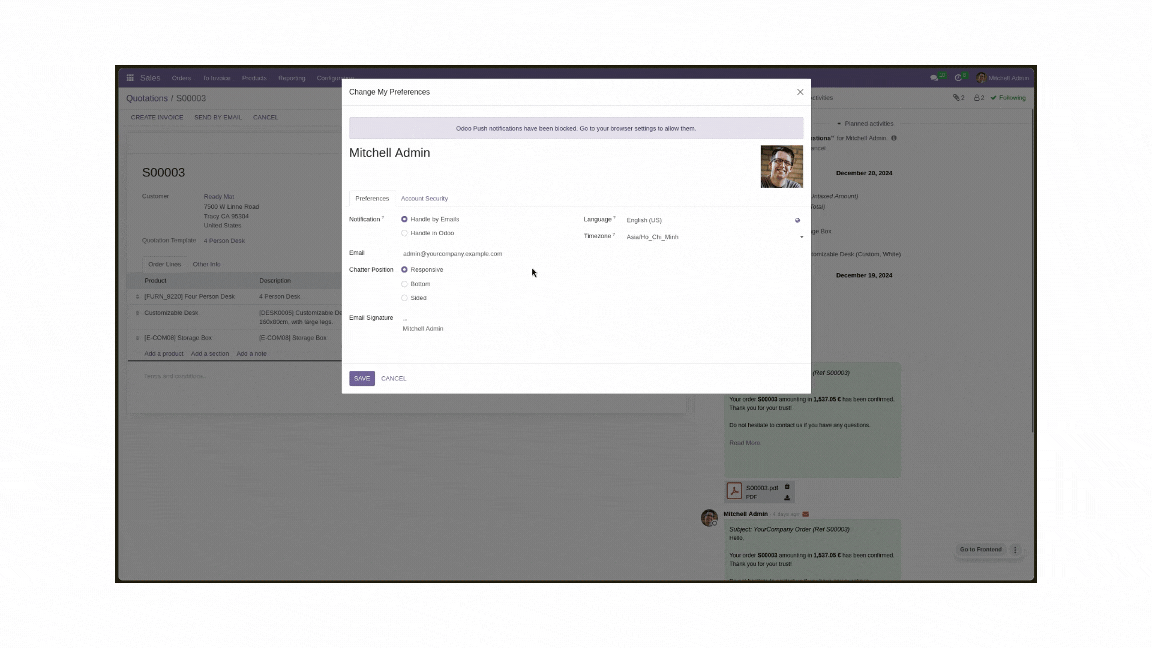 Odoo's Change My Preferences dialog with the Chatter Position field set to Responsive, alongside the Bottom and Sided options