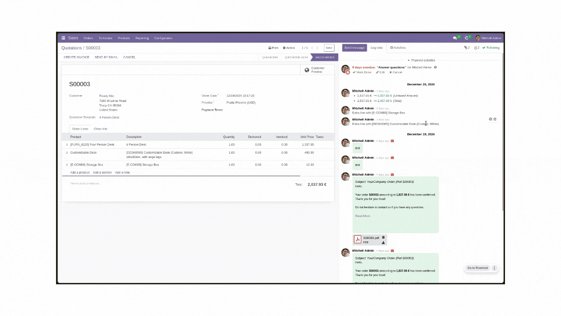 Odoo Sales quotation S00003 with the Chatter docked as a side panel on the right, showing planned activities and the message history
