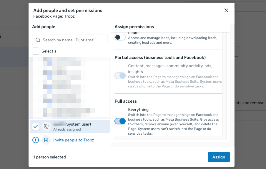 Assign assets to the system user