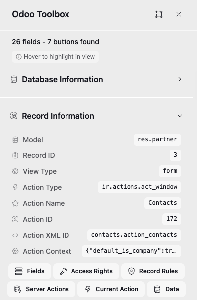 Odoo Toolbox — developer sidebar showing model name and record ID