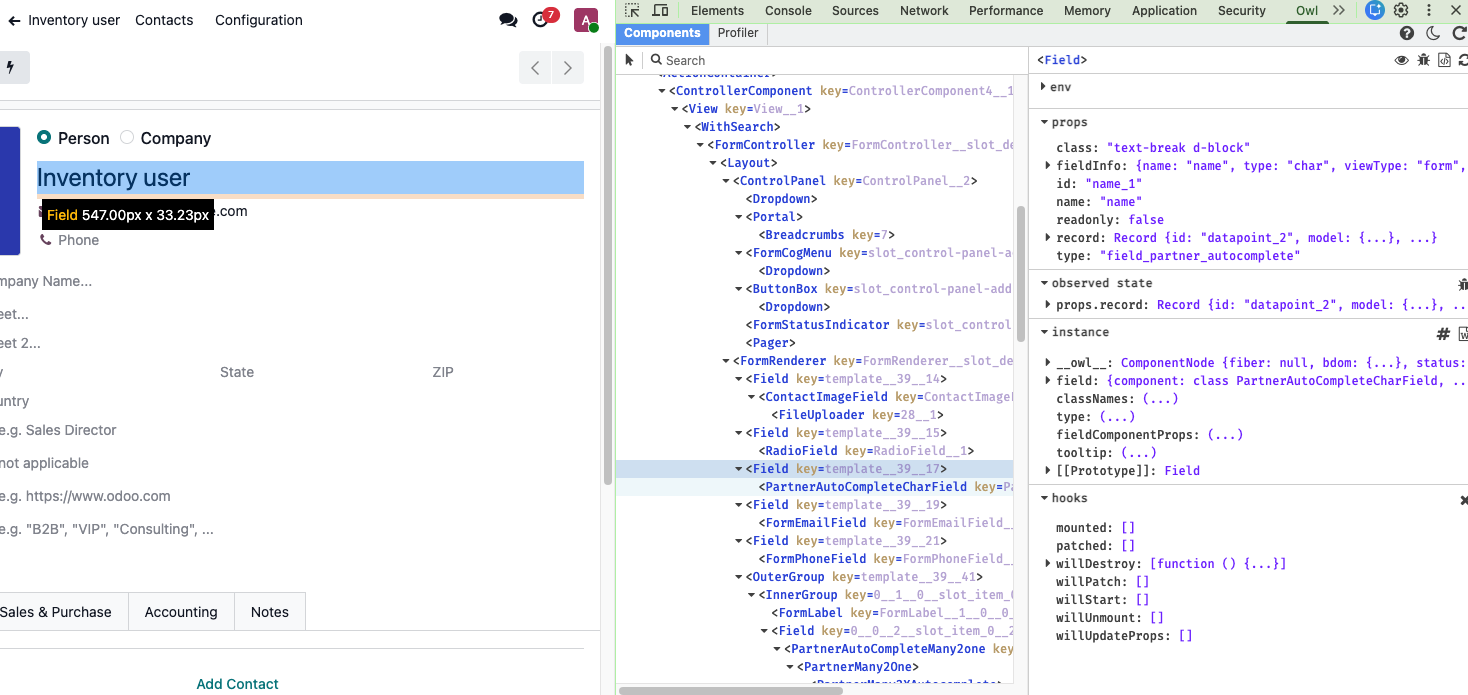 Owl Devtools — Owl tab in Chrome DevTools showing the component tree and props panel