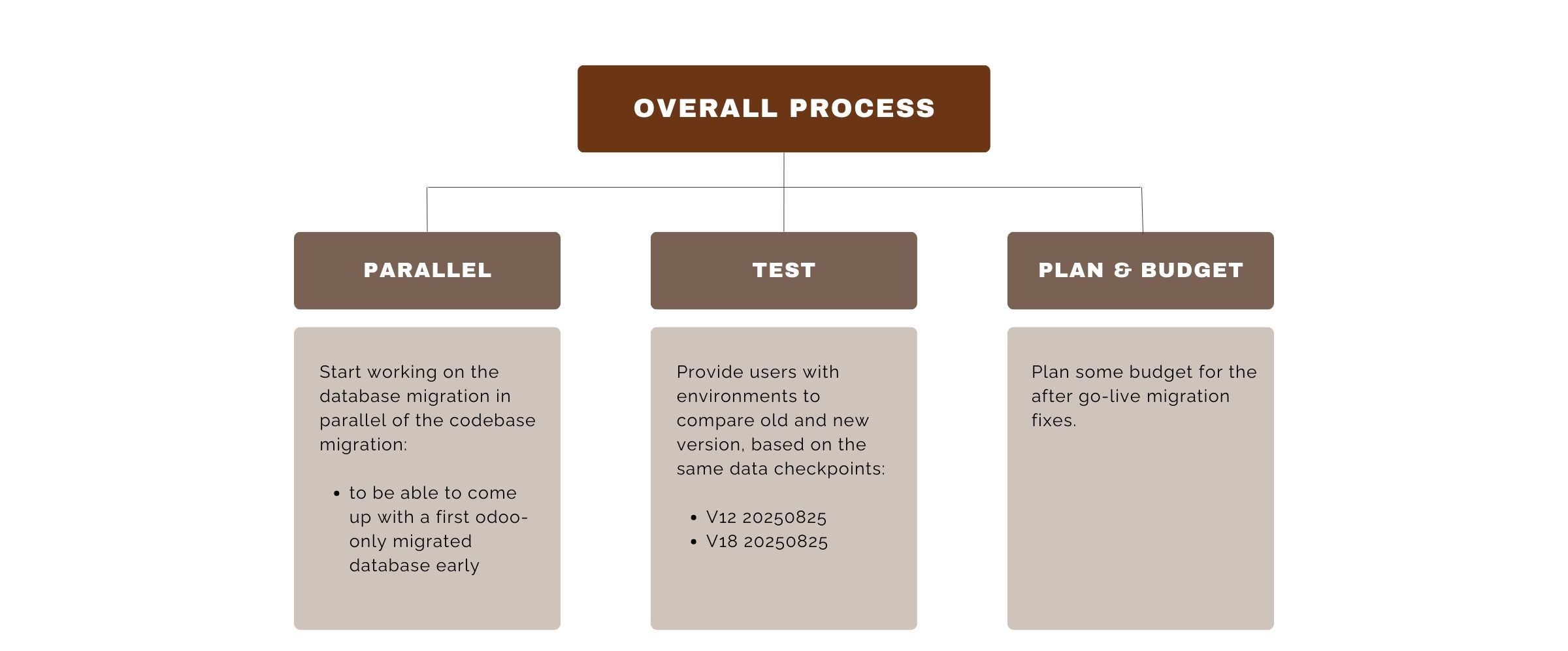 Overall process:
• Start working on the database migration in parallel with the codebase migration:
◦ to be able to come up with a first Odoo-only migrated database early
• Provide users with environments to compare old and new versions, based on the same data checkpoints:
◦ V12 20250825
◦ V18 20250825
• Plan some budget for post go-live migration fixes.